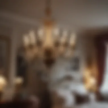Charming Antique Chandelier in Bedroom Setting A beautifully restored antique chandelier illuminating a vintage bedroom
