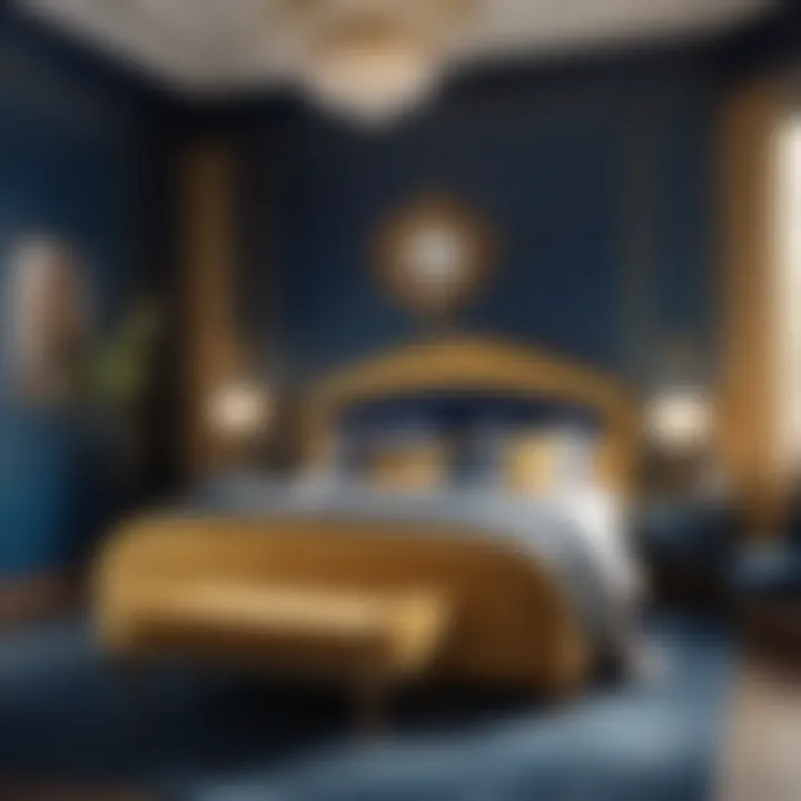 A harmonious color palette of rich golds and deep blues in an Art Deco bedroom