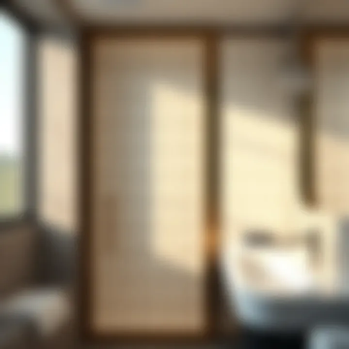 Contemporary bathroom door featuring patterned glass