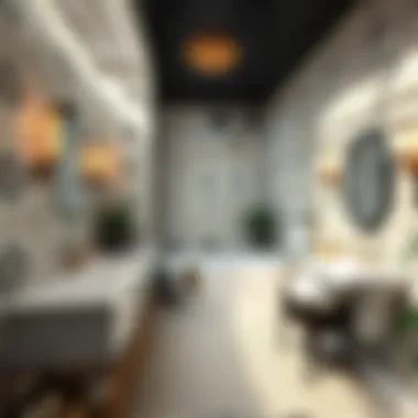 Trendy bathroom featuring unique tile patterns and stylish vanities