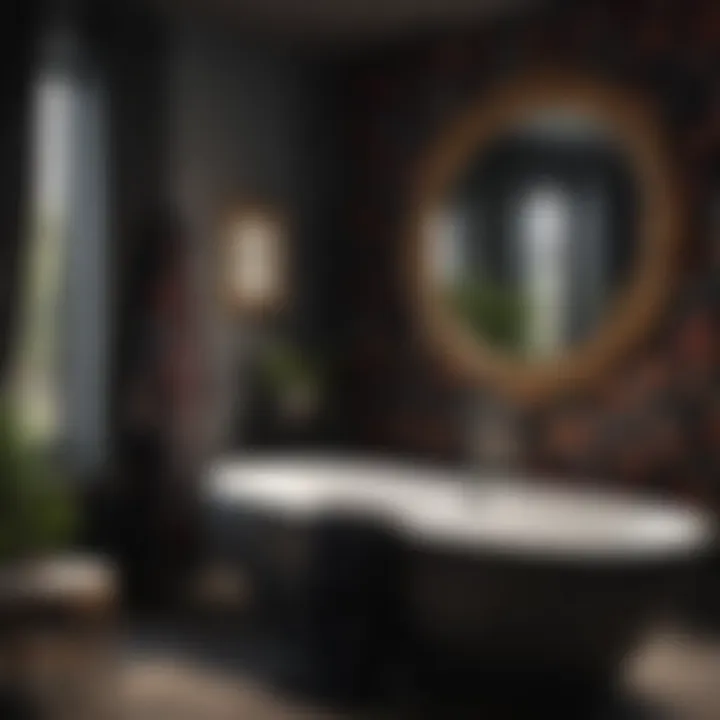 Stylish bathroom featuring black floral bath towels complementing modern decor.