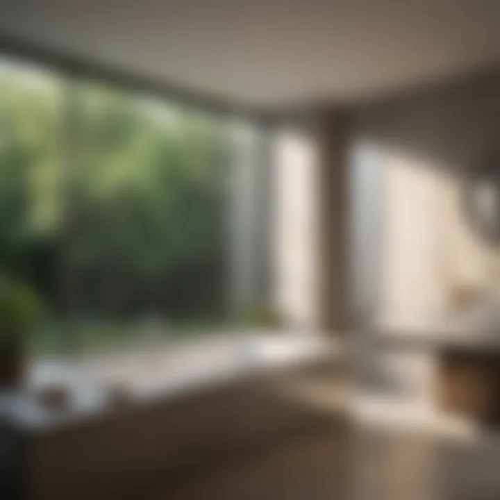 A serene bathroom environment featuring a center drain bathtub