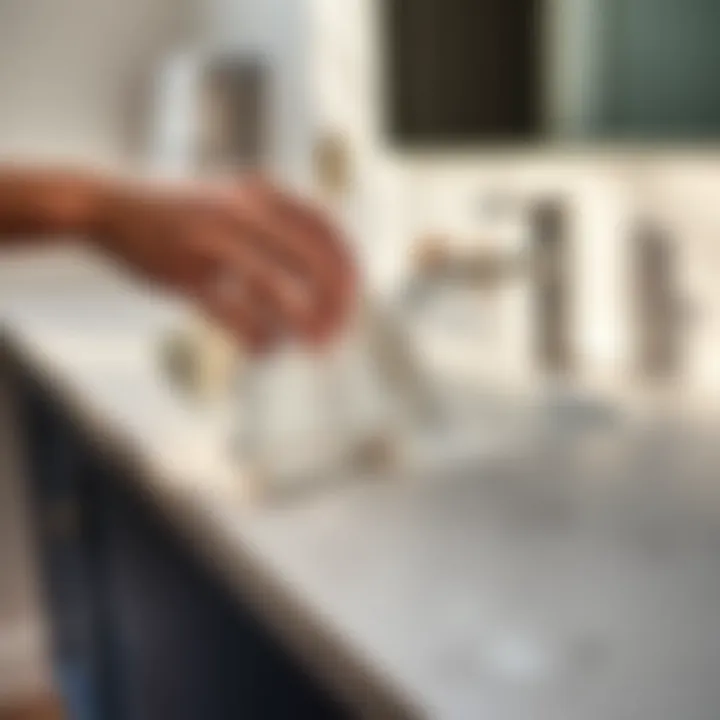 Gentle Cleaning Techniques for Quartz Close-up of a quartz countertop being cleaned with a soft cloth