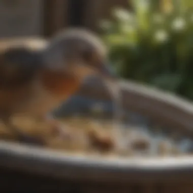 Close-up of a bird drinking from a well-maintained bird bath