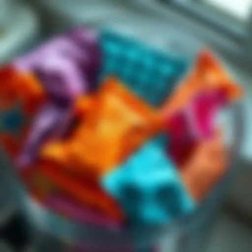 Close-up of colorful laundry detergent packets in a container