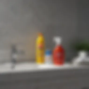 Various cleaning supplies including scrub free bathroom cleaner and tools arranged aesthetically