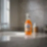 Spray bottle of scrub free bathroom cleaner with bleach resting on a pristine bathroom countertop