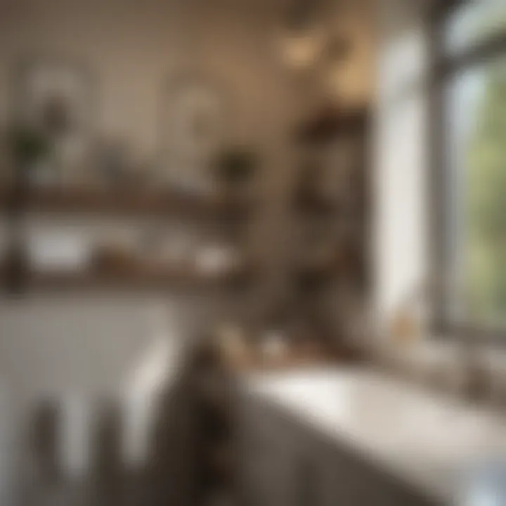 Contemporary bathroom featuring Pottery Barn shelves with integrated lighting.