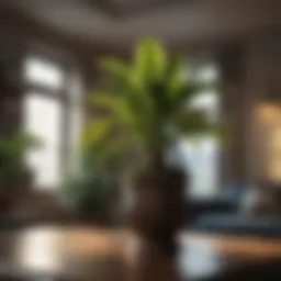 A lush indoor plant thriving in a dimly lit corner of a living room.