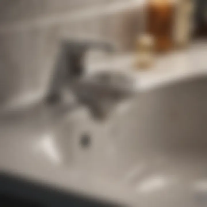 A close-up view of a bathroom sink drain showing a blockage