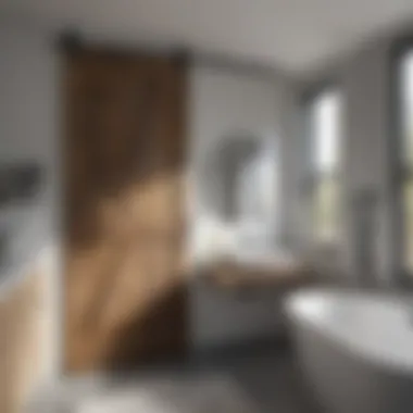 Stylish Barn Door in Modern Bathroom Stylish barn door with seal in a modern bathroom setting