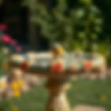 Birdbath adorned with colorful floral designs, enhancing garden aesthetics