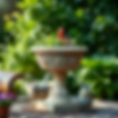 Vibrant concrete birdbath painted in a natural stone finish