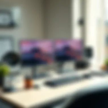Sleek desk setup with dual monitors and organizational tools