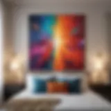 A tranquil bedroom featuring a vibrant abstract painting that enhances the serene atmosphere.