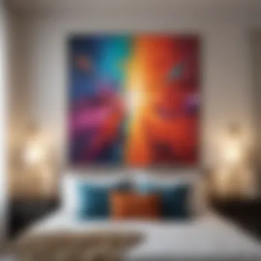 A tranquil bedroom featuring a vibrant abstract painting that enhances the serene atmosphere.