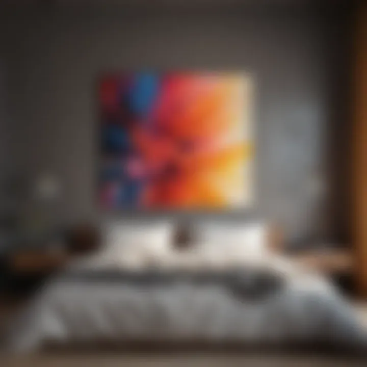 An arrangement of abstract artworks on a bedroom wall, demonstrating diverse styles and colors.