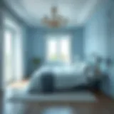 A serene bedroom painted in soft blue tones, creating a calming atmosphere.