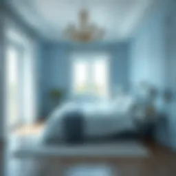 A serene bedroom painted in soft blue tones, creating a calming atmosphere.