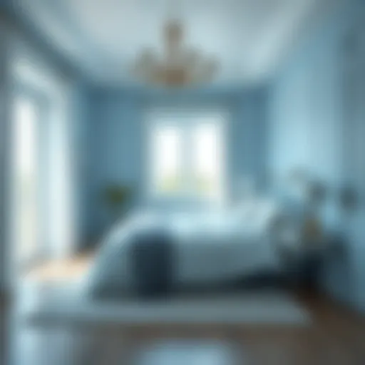A serene bedroom painted in soft blue tones, creating a calming atmosphere.