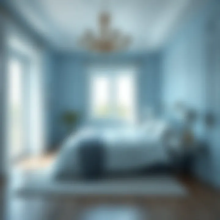 A serene bedroom painted in soft blue tones, creating a calming atmosphere.