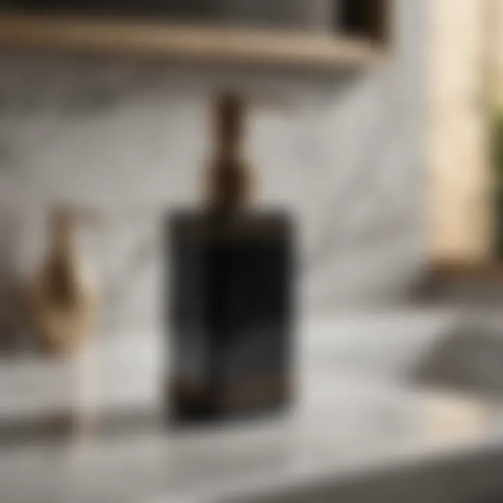 Elegant black soap dispenser on a marble countertop