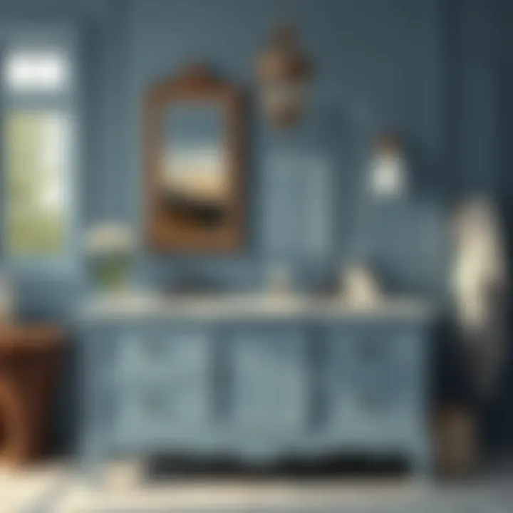 Stylish blue gray vanity with complementary decor