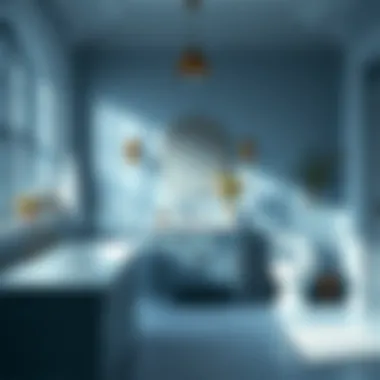 Serene bathroom setup featuring blue gray vanity and lighting