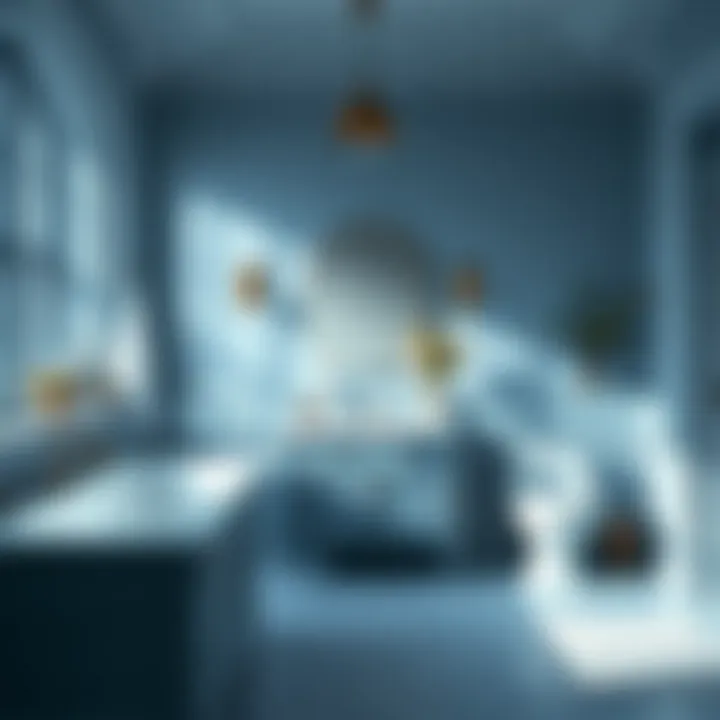 Serene bathroom setup featuring blue gray vanity and lighting