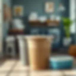 A variety of cheap plastic laundry baskets displayed in a home setting