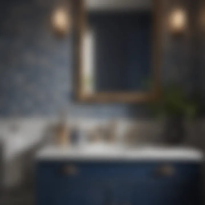 Elegant bathroom setting featuring navy blue vanity with stylish accessories