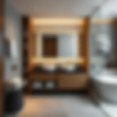 Contemporary Hotel Bathroom Design Contemporary hotel bathroom with minimalist vanity design and organized storage