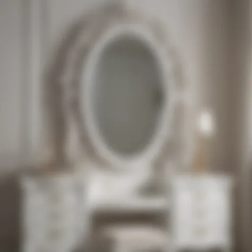 Elegant white bedroom vanity set with ornate mirror.