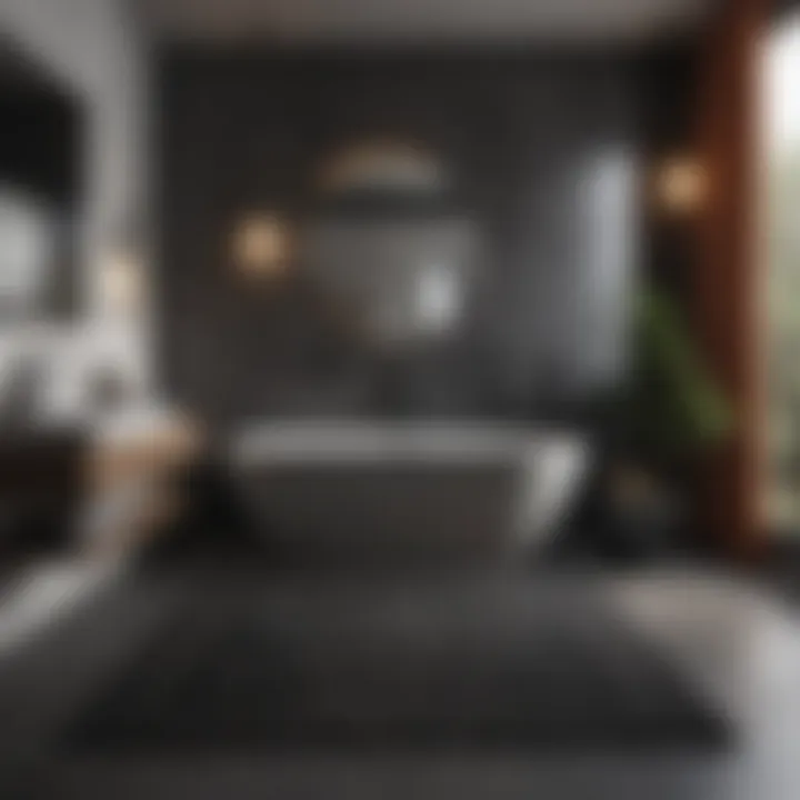 Stylish black rug complementing minimalist bathroom design