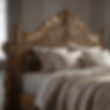 Close-up of ornate details in a classic bed frame and decorative pillows.