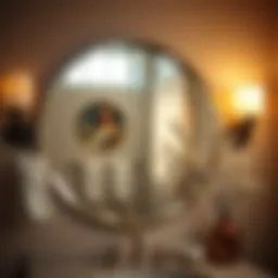 Elegant round Pottery Barn bath mirror reflecting natural light