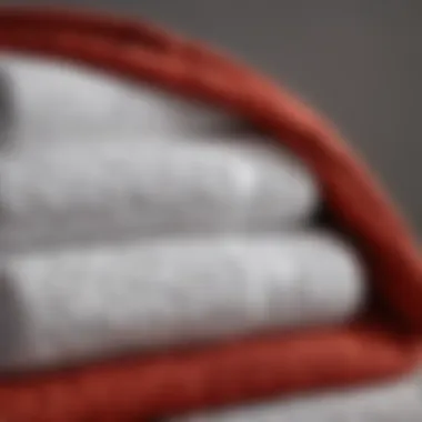 Close-up of luxurious red, white, and blue bath towels highlighting texture and material