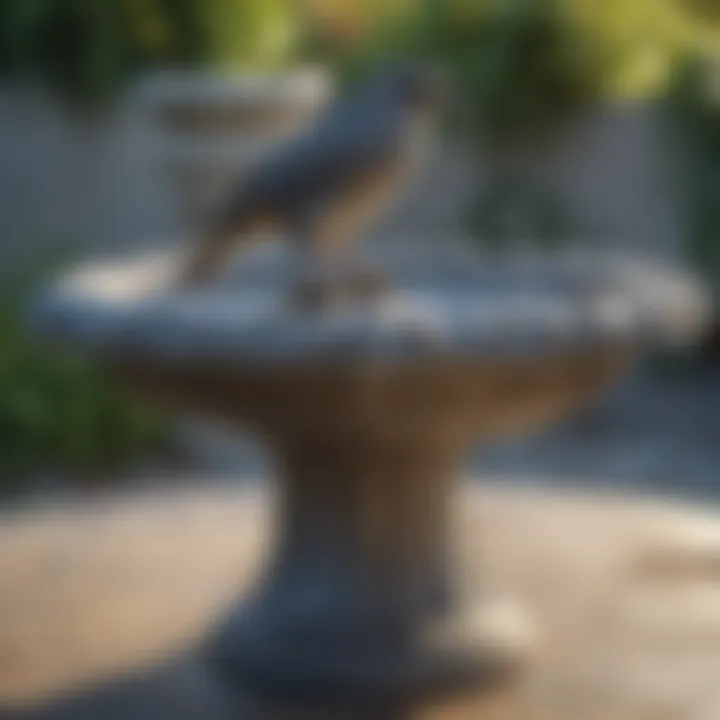 Close-up of a decorative gray bird bath attracting birds