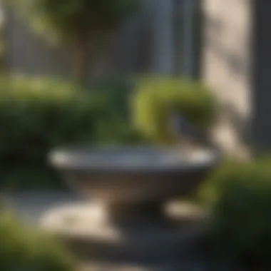 Stylish Gray Bird Bath with Lush Greenery Stylish gray bird bath paired with lush greenery
