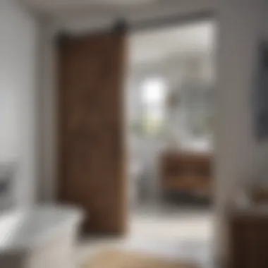 A beautifully designed bathroom featuring a barn door