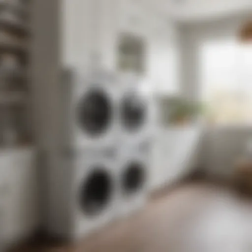 A modern stackable washer and dryer unit in a stylish laundry room