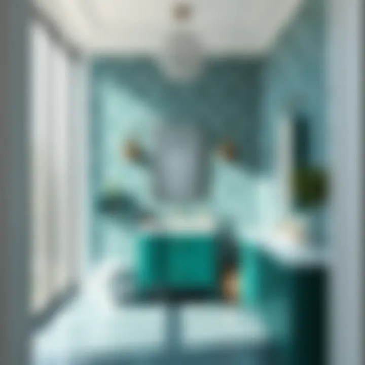 Modern bathroom featuring a teal green vanity surrounded by natural light