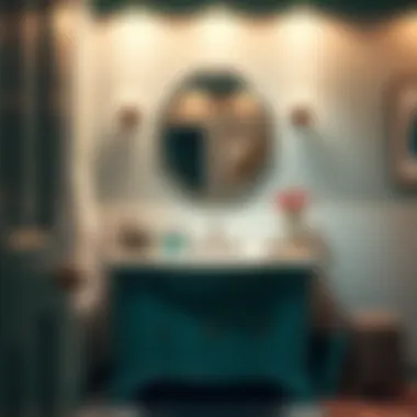 Stylish bathroom layout incorporating teal green vanity and decor