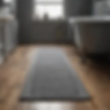 Stylish Grey Bath Runner on Wooden Floor Stylish grey bath runner laid on a wooden floor