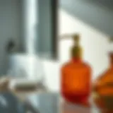 Elegant Amber Glass Soap Dispenser Elegant amber glass soap dispenser in a modern bathroom setting