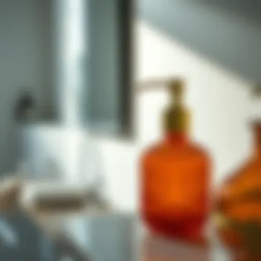 Elegant Amber Glass Soap Dispenser Elegant amber glass soap dispenser in a modern bathroom setting