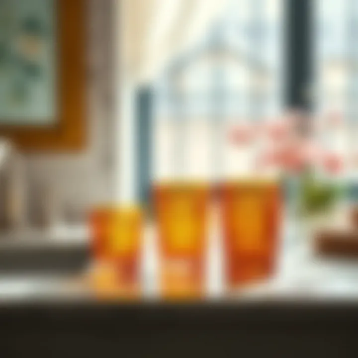 Sophisticated Amber Glass Tumbler Set Sophisticated amber glass tumbler set on a marble countertop