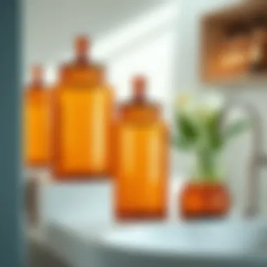 Stylish Amber Glass Storage Jars Stylish amber glass storage jars enhancing a chic bathroom decor