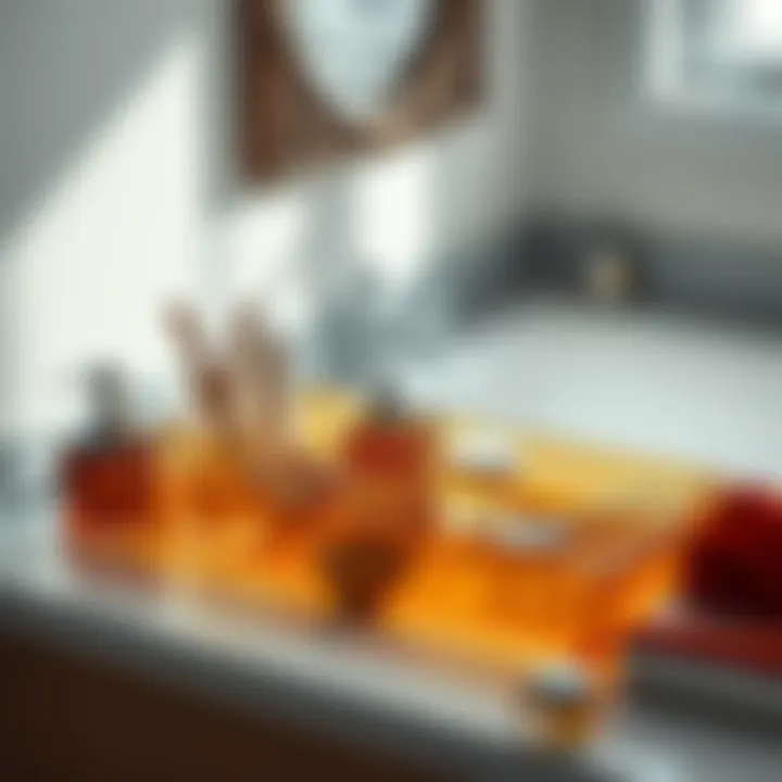 Unique Amber Glass Bathroom Tray Unique amber glass bathroom tray arranged with accessories