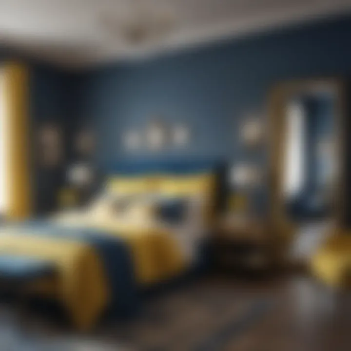 Elegant blue and yellow bedroom design showcasing a serene atmosphere